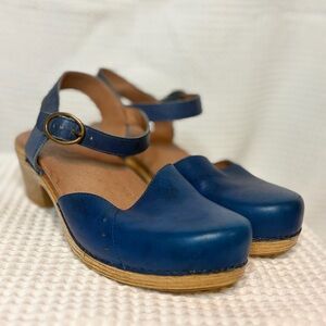 Dansko Women’s Blue Leather Mary Jane Clogs with Ankle Strap